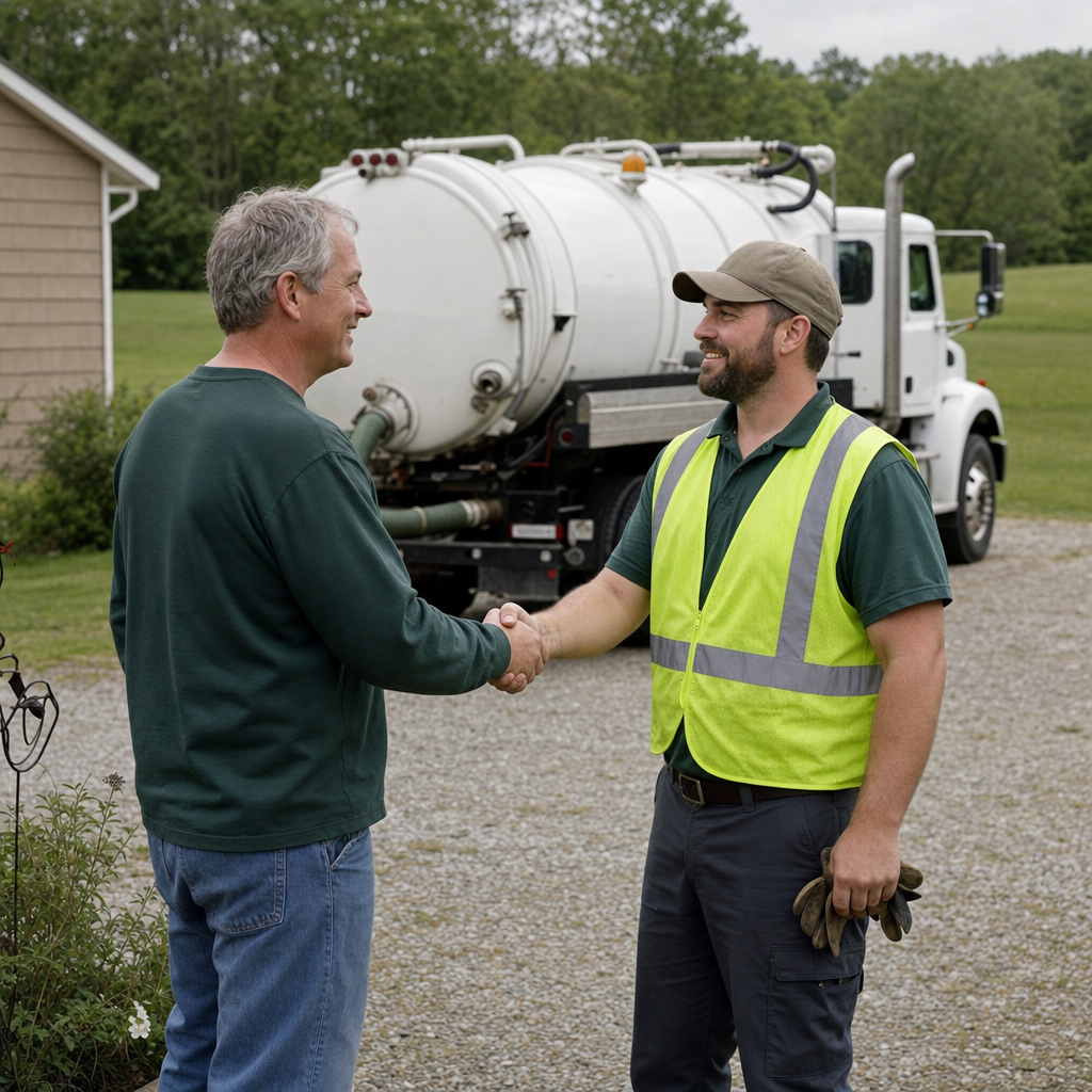 A septic technician shaking a Grand Prairie homeowner's hand beside the service truck after a completed pump-out