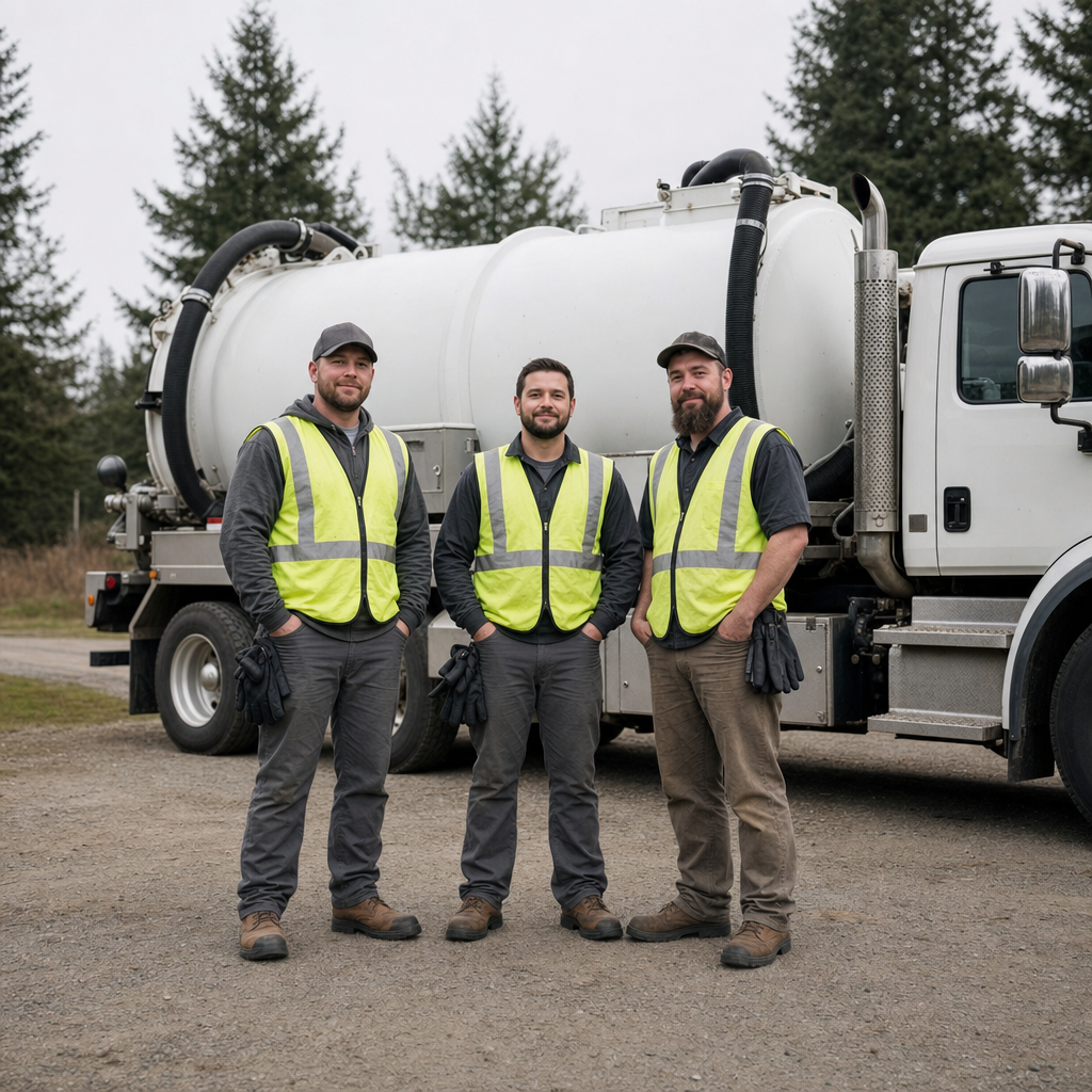 The Grand Prairie septic pumping crew standing together beside their clean white vacuum truck on a residential street