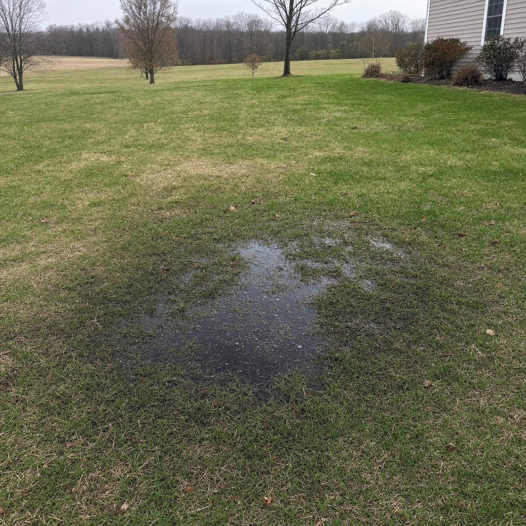 A dark, saturated wet spot in a Grand Prairie backyard lawn marking a failing cesspool at capacity