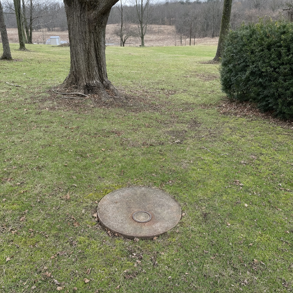 An older round cesspool access lid set flush in an established, mature Grand Prairie backyard lawn
