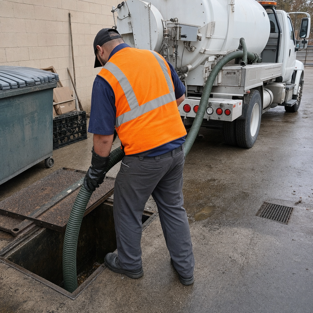 Technician pumping a grease trap behind a Grand Prairie restaurant