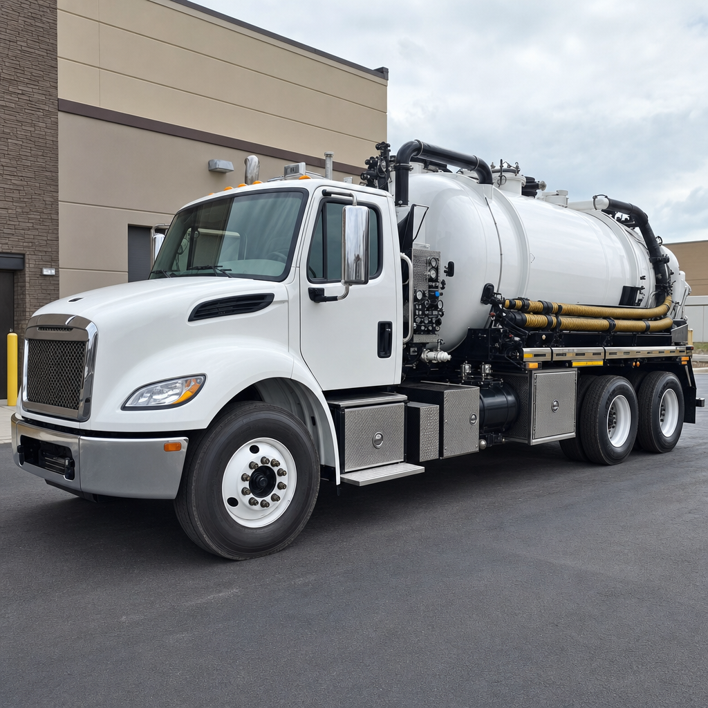 Commercial septic vacuum truck parked in a Grand Prairie business parking lot
