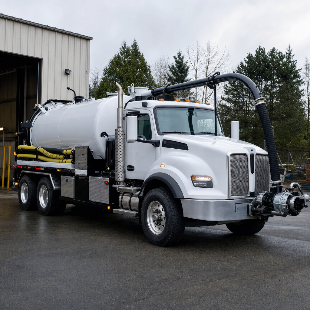 A clean white septic vacuum truck rolling out of a tidy Grand Prairie service depot at the start of the day