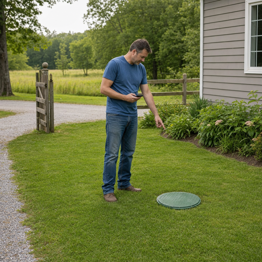 A Grand Prairie-area homeowner standing in the backyard noting where the septic tank lid and access route are located