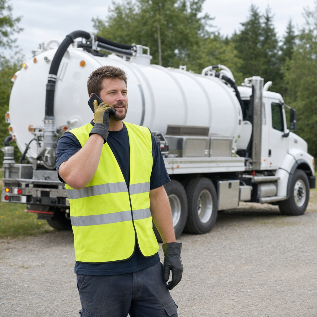 A friendly septic dispatcher holding a phone, ready to answer a Grand Prairie homeowner's call about a pump-out