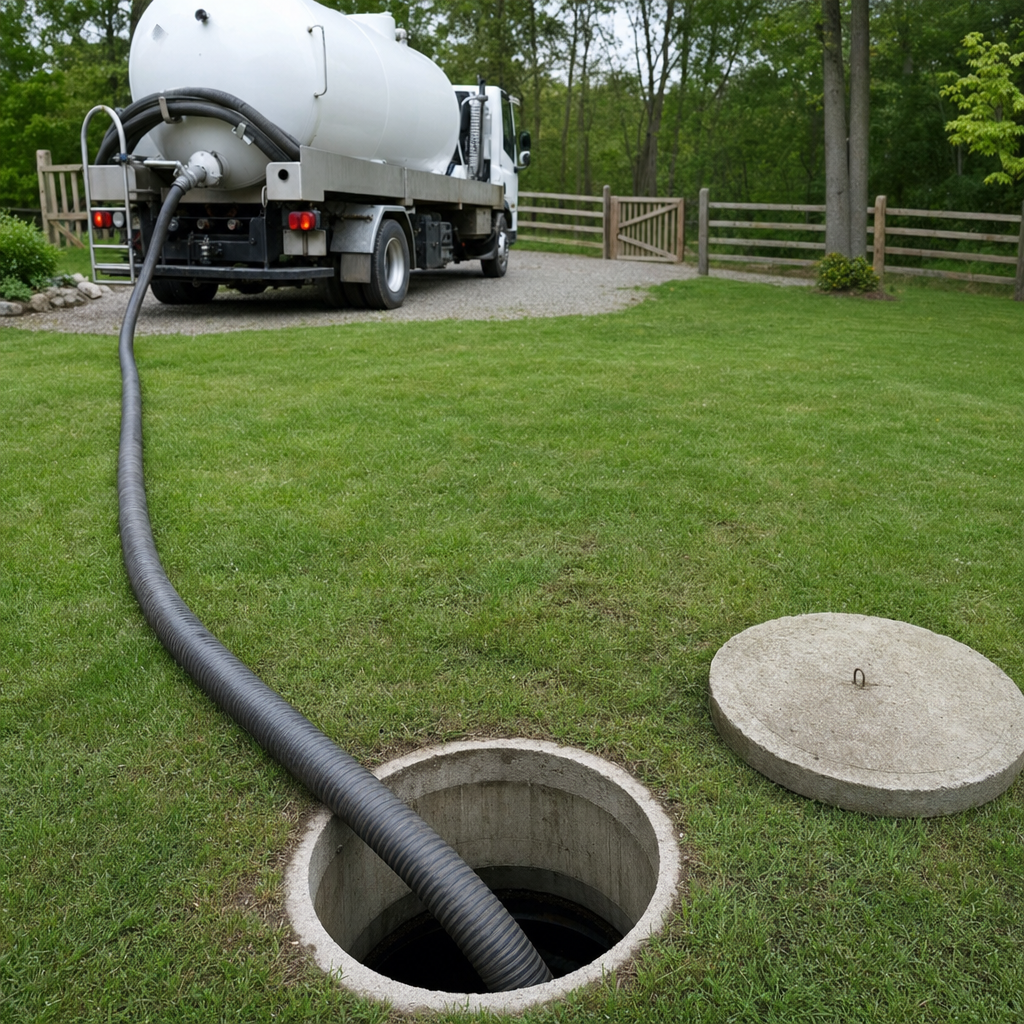 Suction hose connected to an open septic tank, drawing it down in a tidy Grand Prairie yard