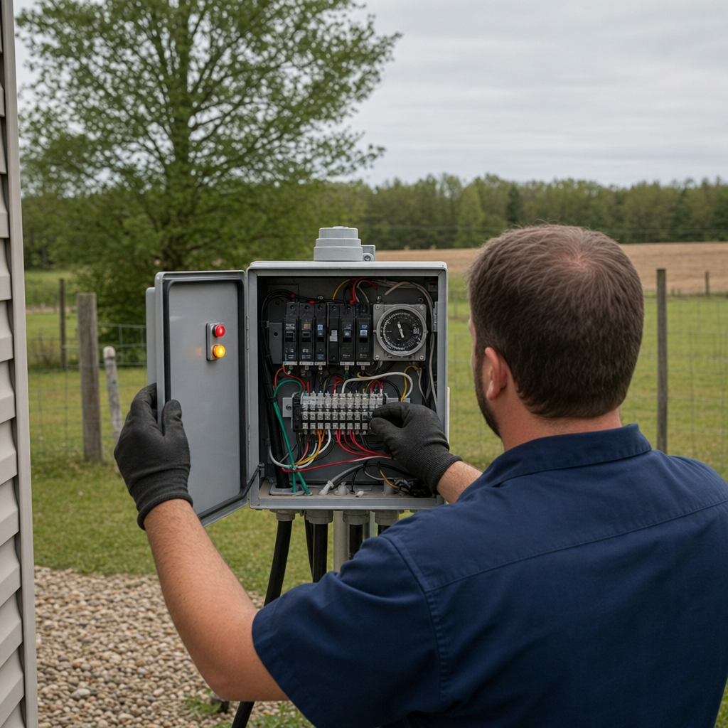 Technician checking an aerobic septic control box with a lit red high-water alarm during a same-day Grand Prairie visit