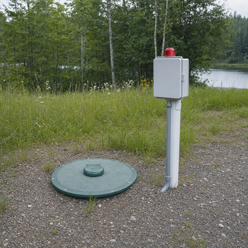 A wastewater holding tank access lid set in the ground at a rural Grand Prairie-area cabin, with a mounted high-level float alarm panel nearby