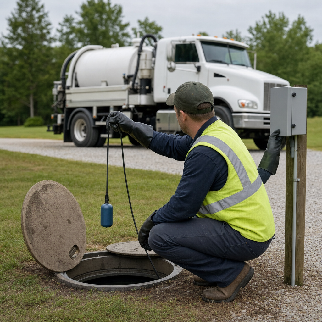 A septic technician in a high-visibility vest checking a high-level float switch and alarm panel on a holding tank at a rural Grand Prairie-area site