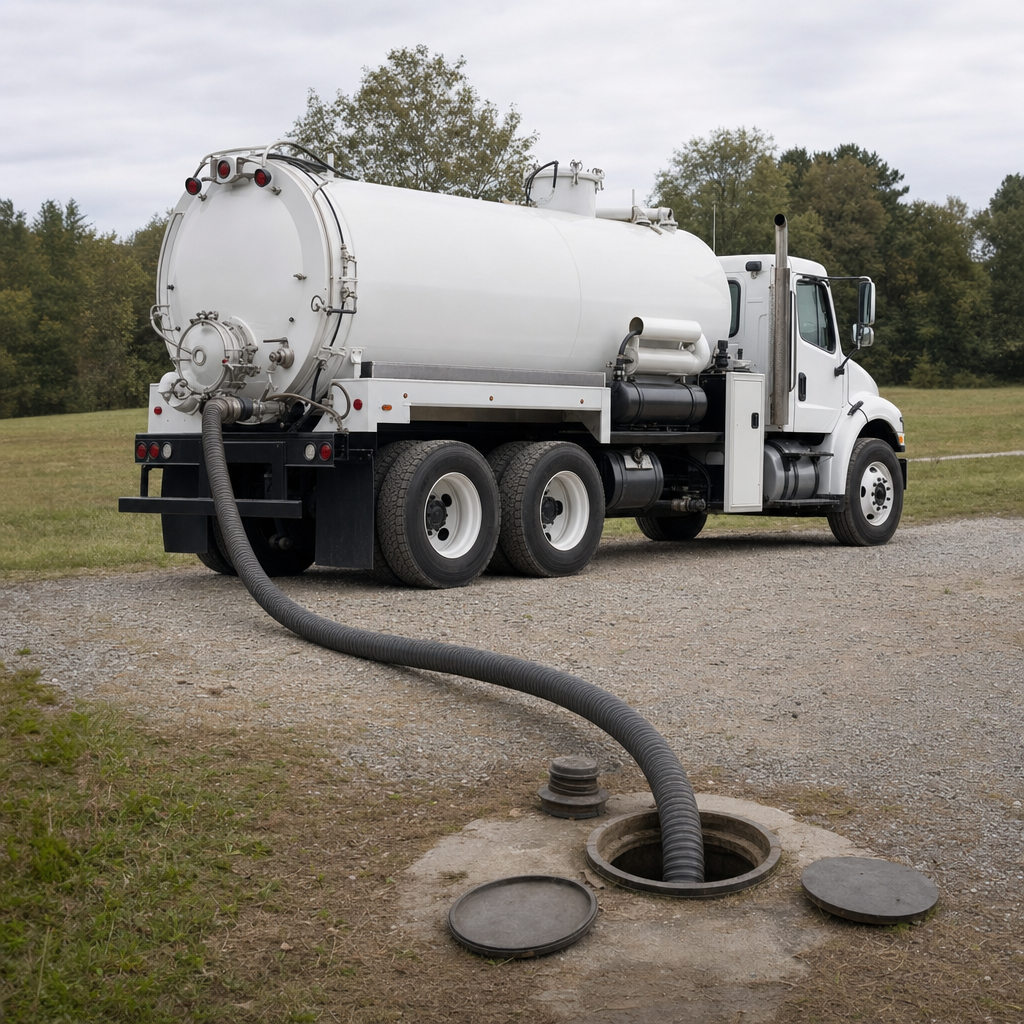An unmarked white vacuum truck emptying a wastewater holding tank on a scheduled visit at a rural Grand Prairie-area property, thick suction hose running to the tank lid