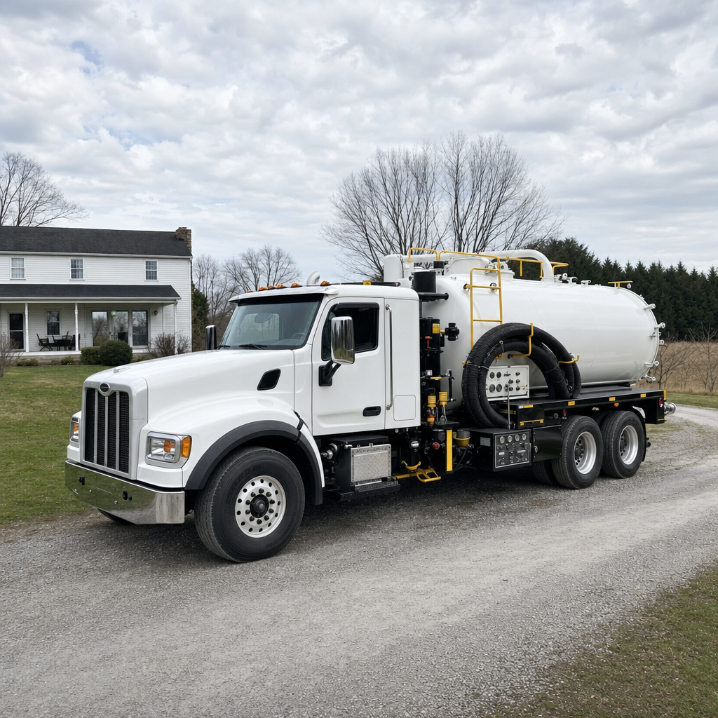 A clean white septic vacuum truck parked on a tidy Grand Prairie driveway with the suction hose neatly coiled