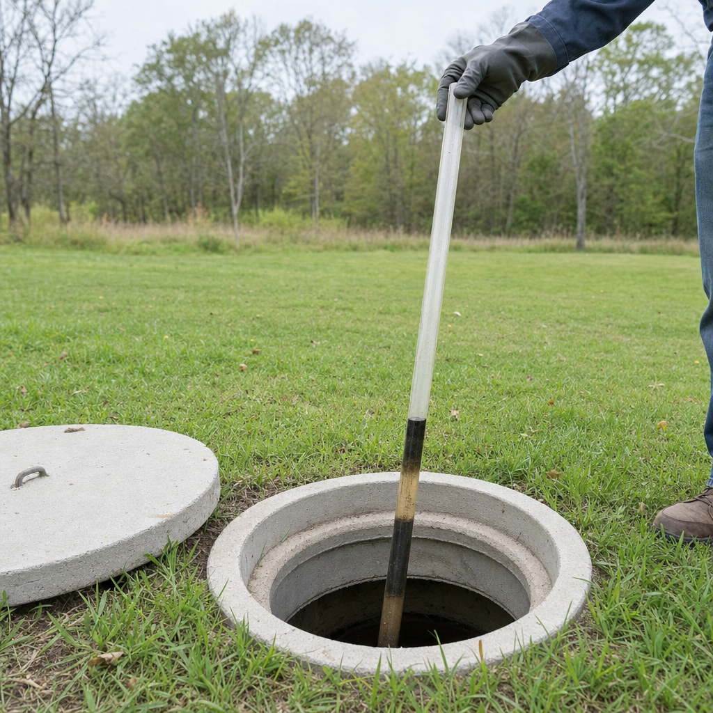 A septic sludge-judge measuring stick lowered into an open Grand Prairie septic tank to read the depth of the sludge and scum layers before deciding whether a pump-out is due