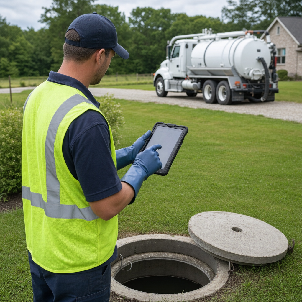 A septic technician recording a Grand Prairie home's pump-out date and tank condition on a tablet beside an open access lid, tracking the service history that sets the next due date