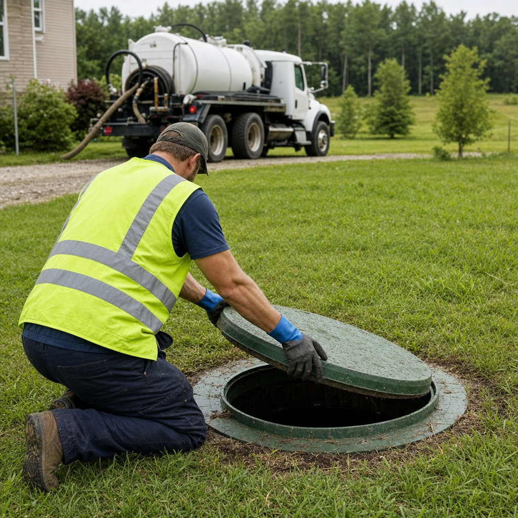 Septic technician kneeling on a Grand Prairie lawn, lifting the access lid on a residential septic tank