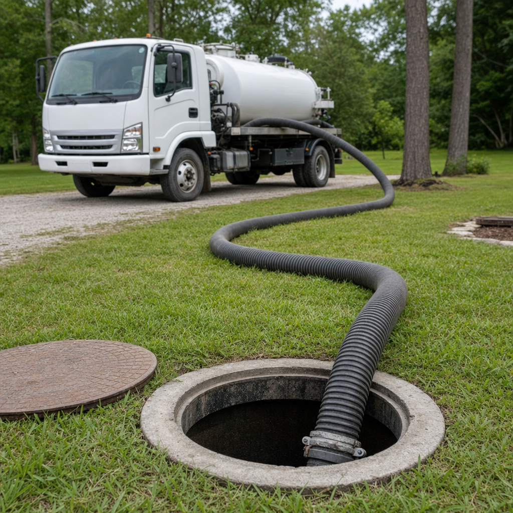 Thick ribbed suction hose lowered into a clean open septic tank port on a tidy Grand Prairie backyard lawn
