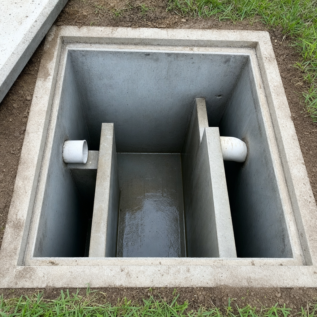 Inspection of the concrete baffles inside an open, emptied and freshly cleaned Grand Prairie septic tank