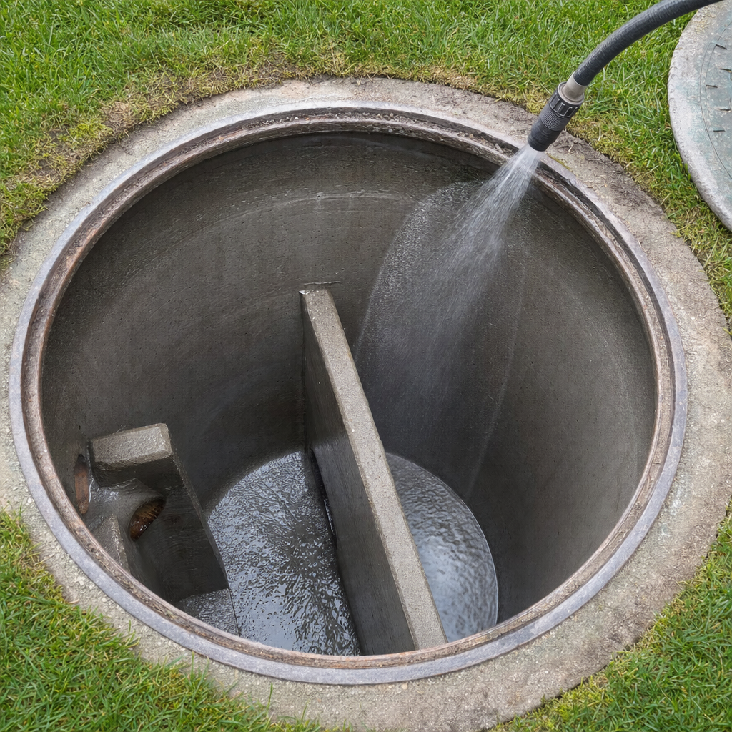 Interior concrete walls of an emptied Grand Prairie septic tank being rinsed clean with the truck's onboard water hose