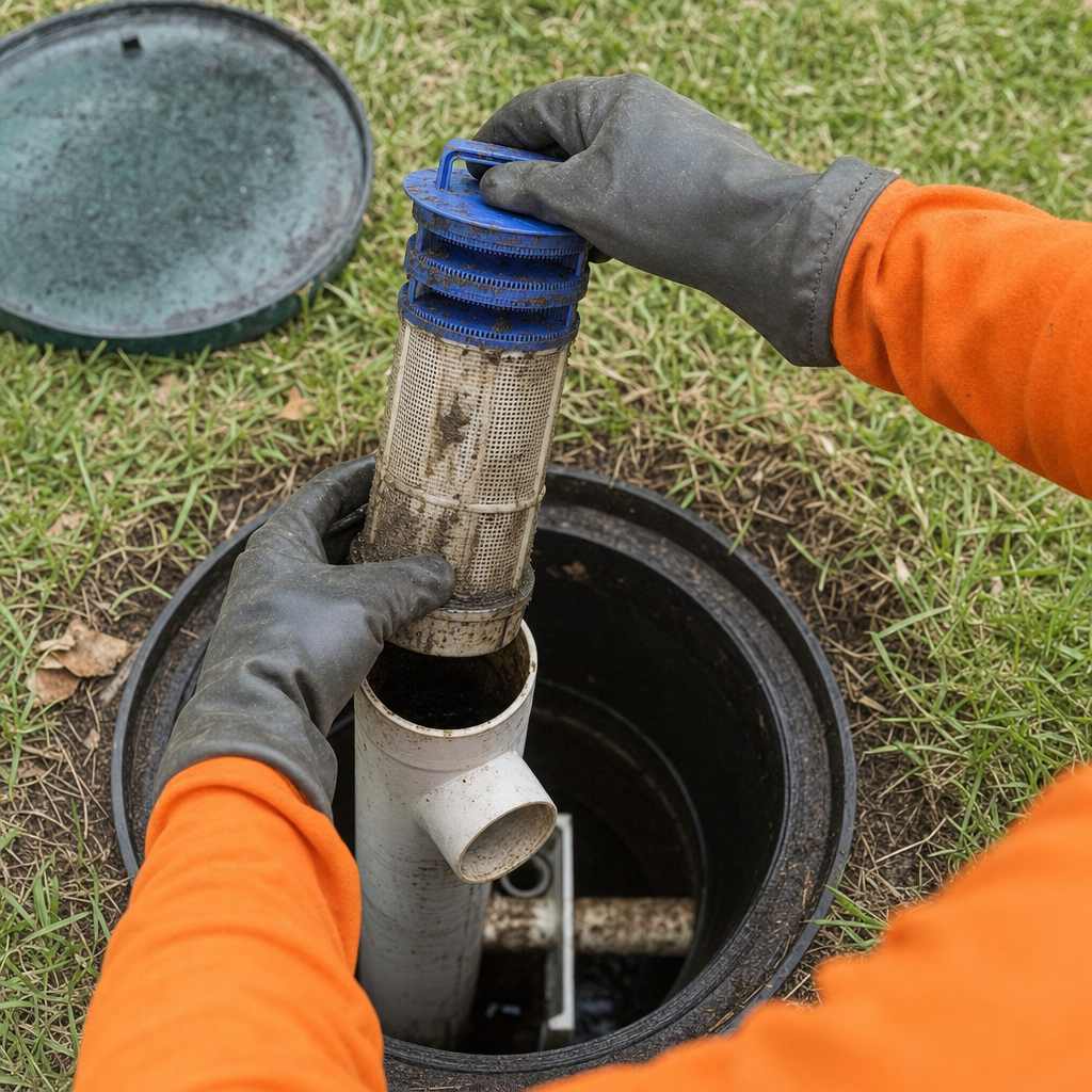 Septic technician's gloved hands lifting the effluent filter cartridge out of the outlet housing on a Grand Prairie septic tank