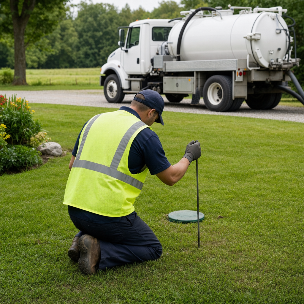 Septic technician kneeling on a Grand Prairie lawn, probing to locate and measure the depth of a buried septic tank lid before pumping