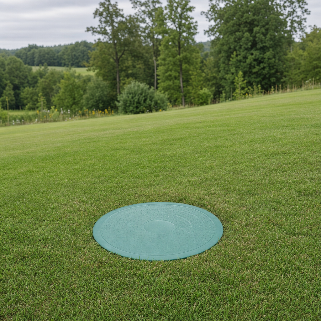 A newly installed septic riser bringing the tank lid up flush to grade in a Grand Prairie yard for easy future access