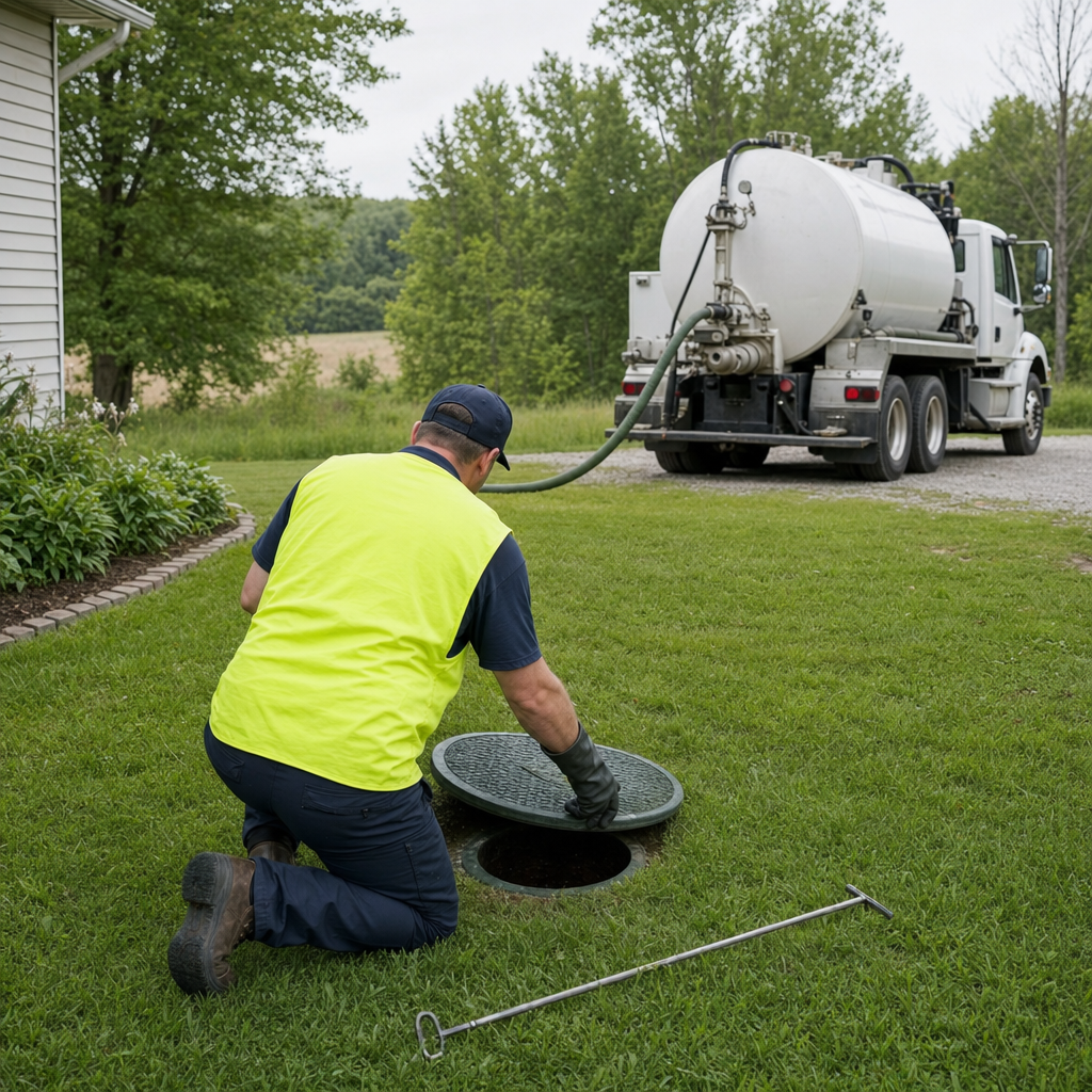 Septic technician kneeling on a Grand Prairie lawn, lifting the buried access lid on a residential septic tank