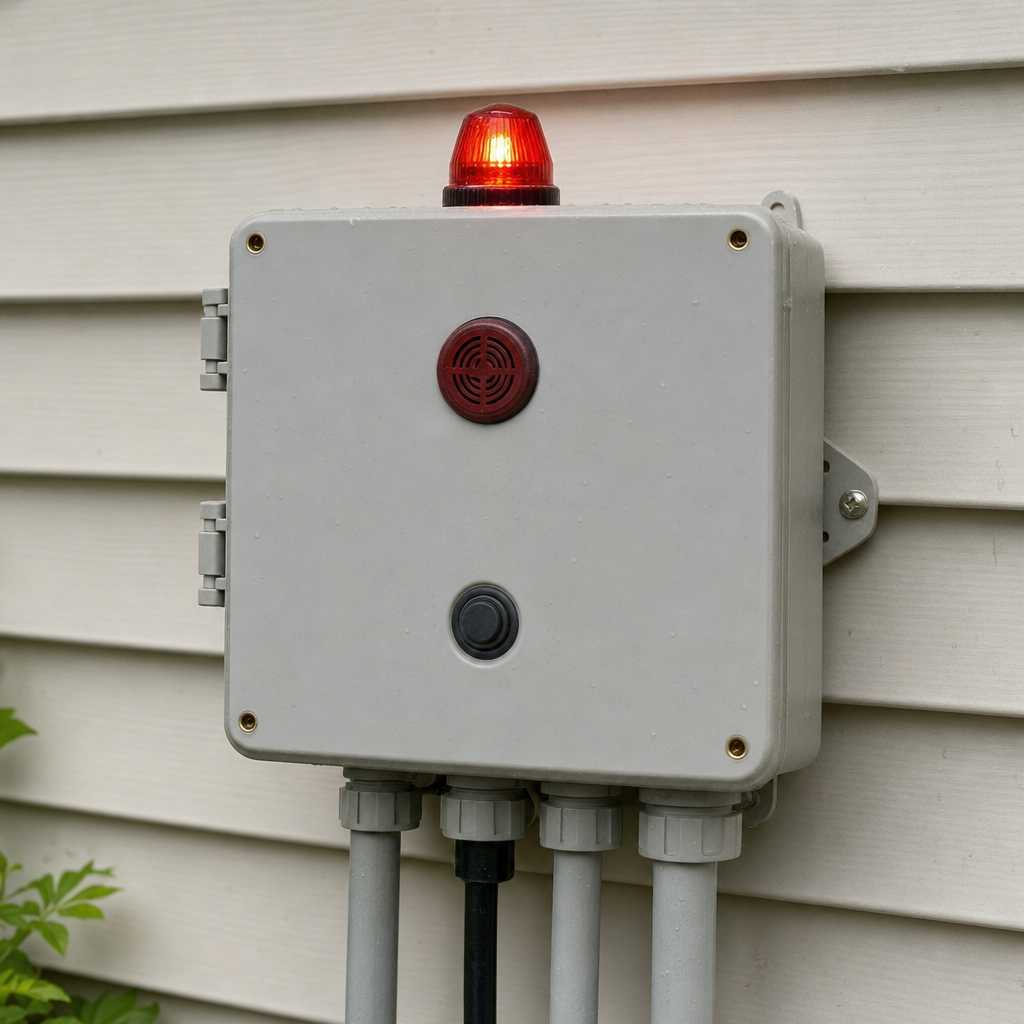 An aerobic septic system control panel mounted outside a Grand Prairie home with its red high-water alarm light lit