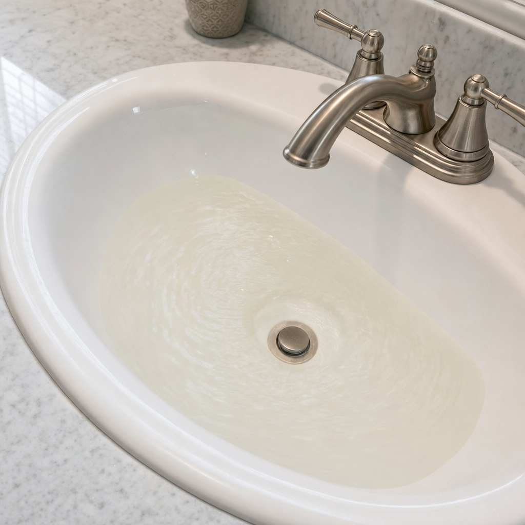 A bathroom sink draining slowly with water pooled in the basin, an early warning sign that a Grand Prairie septic tank is full